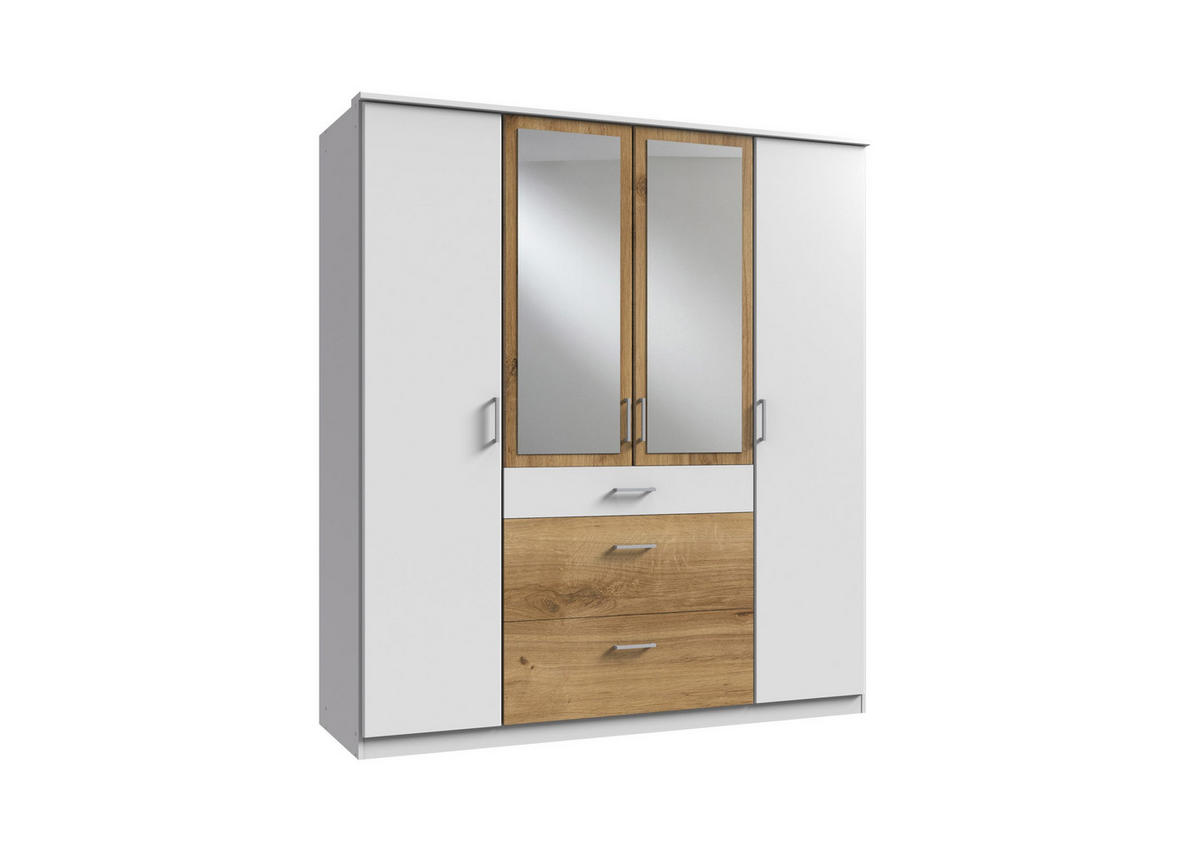 KLEIDERSCHRANK Click in Weiß mit Plankeneiche - Drehtürenschrank 179 cm Breite mit Spiegel - Weiß, Holzwerkstoff (179/199/58cm)