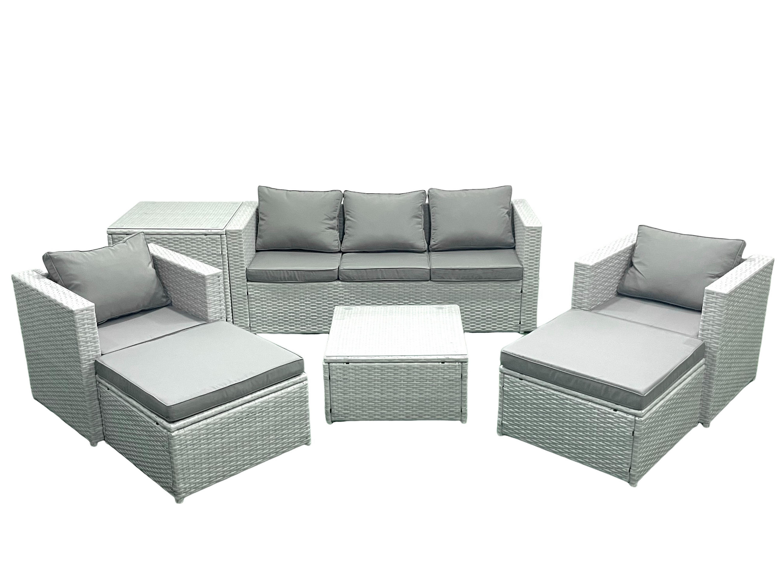 GARTENMÖBEL-SET mit Kissen Polyrattan Hellgrau-Mix 7-Sitzer - Hellgrau/Grau, Glas/Kunststoff - Fimous