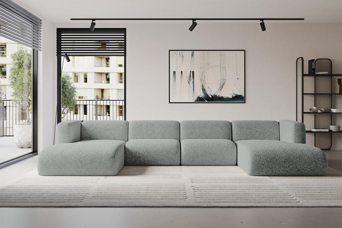 WOHNLANDSCHAFT MIRA-U2 408x179x70 Grün Velours - Schwarz/Hellgrün, Holzwerkstoff/Kunststoff (408/70/179cm) - ALTDECOR