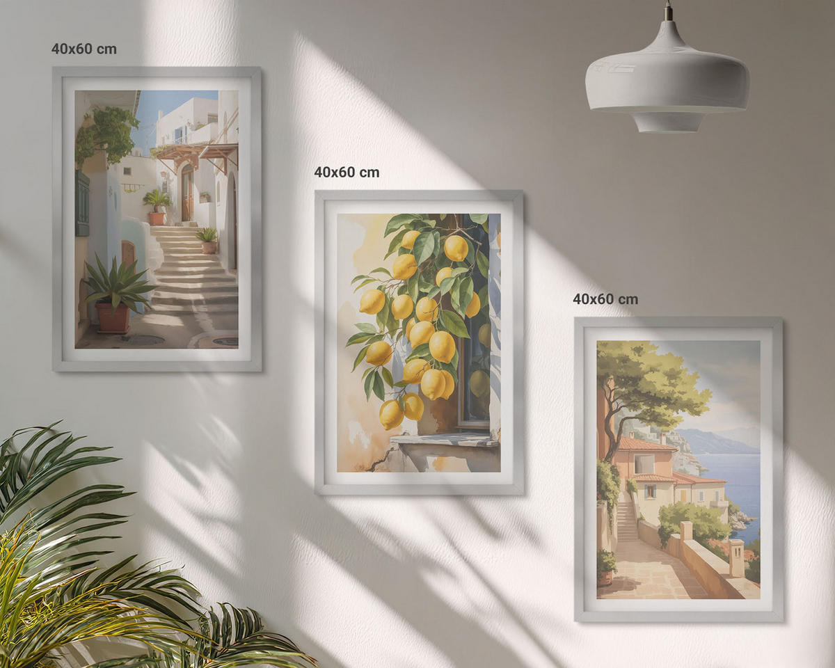 BILDER SET 3er Set - 40x60 cm Silberner Rahmen - Lemon Streets Meerblick - Silberfarben, Kunststoff (40/60cm) - TULUP