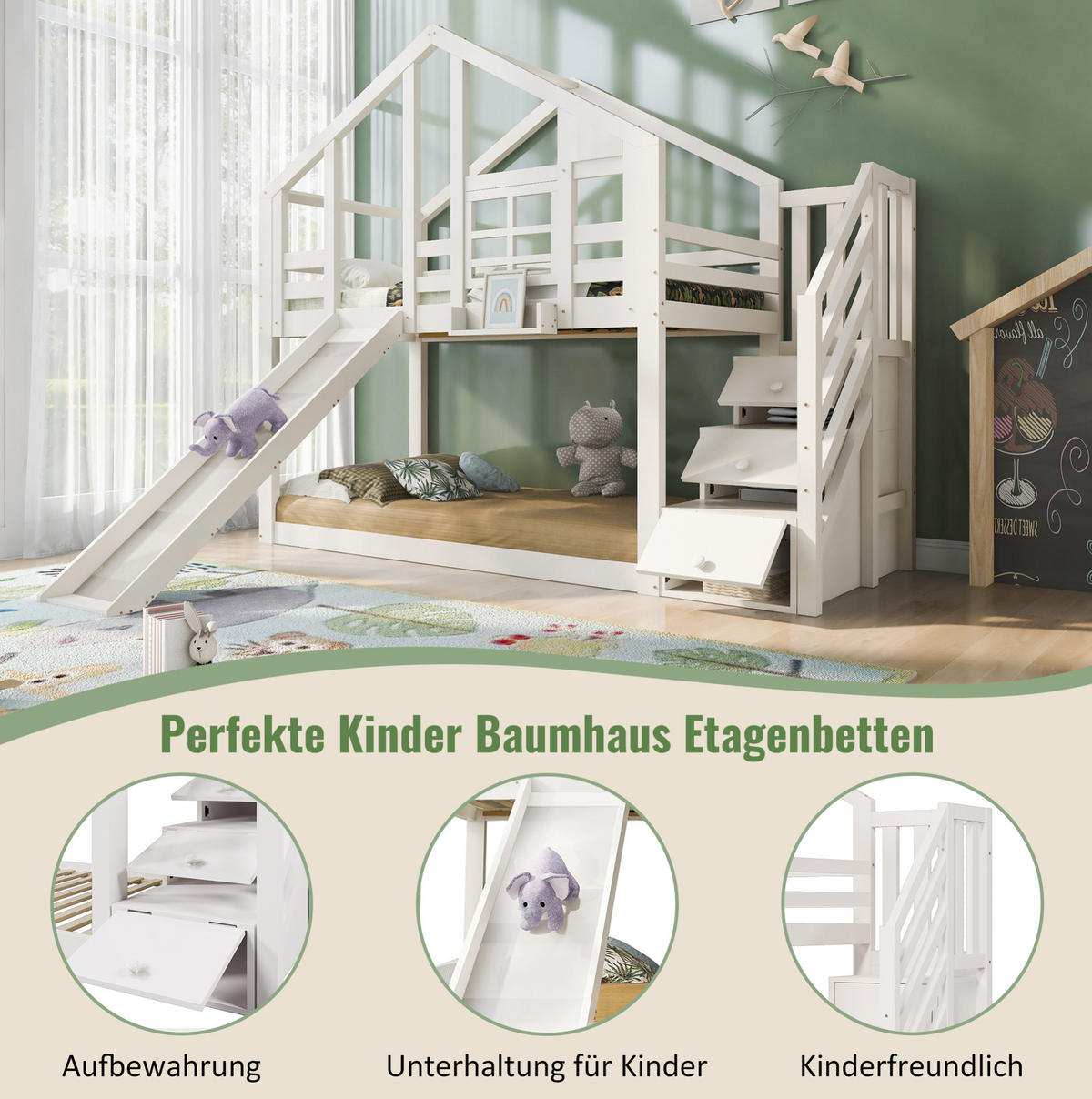 ETAGENBETT 90/200 cm in Weiß mit Rutsche und Stauraum im Baumhaus-Design - Weiß, Holzwerkstoff (90/200cm) - OKMYHOME