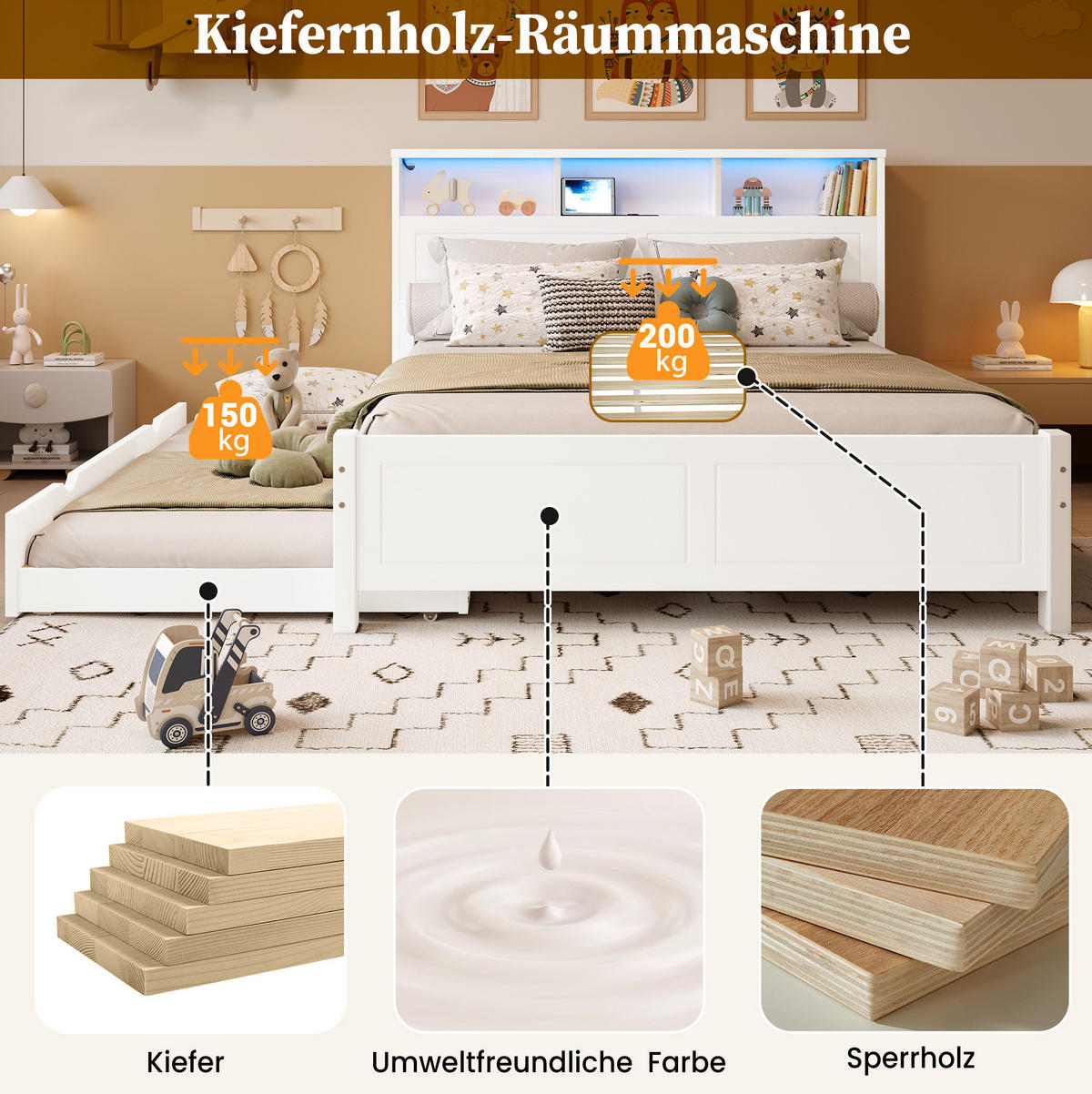 DOPPELBETT aus Kiefernholz und MDF 120x200 cm Weiß mit Ausziehbett, LED-Beleuchtung und Ladebuchse - Weiß, Holz (120/200cm) - IVMEU