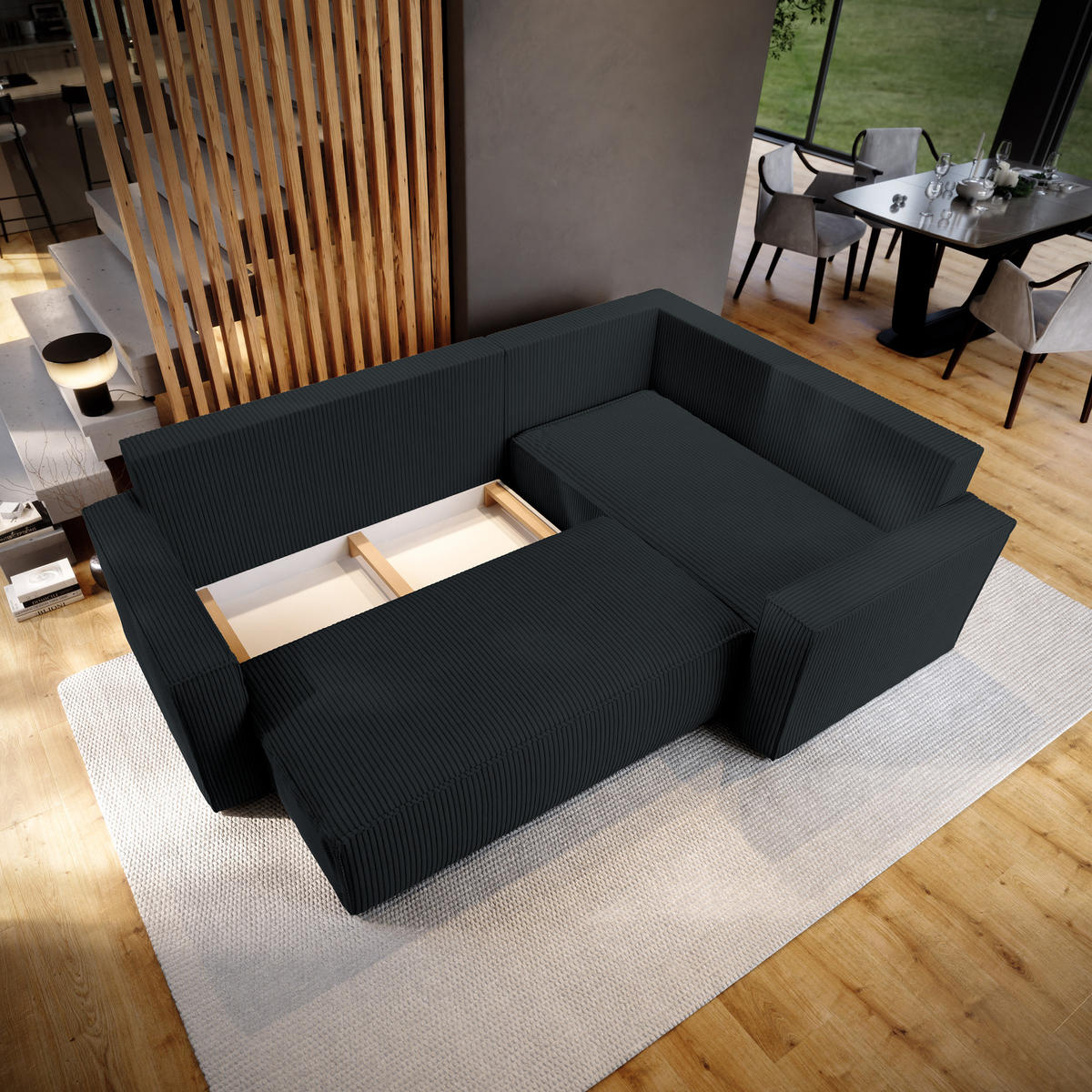 ECKSOFA ESTANO R-S Schwarz Kordstoff mit Schlaffunktion - Schwarz, Holz (230/158cm) - MASSENO