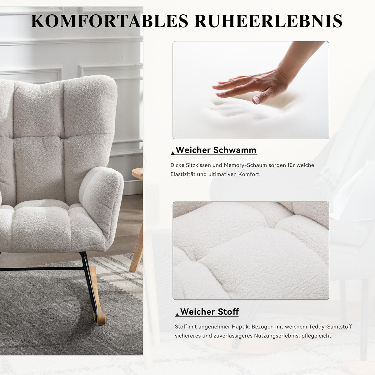 SCHAUKELSTUHL 80/70/95 cm weiß aus Lammfell-Optik mit hoher Rückenlehne - Weiß, Textil (70/95/80cm) - OKWISH