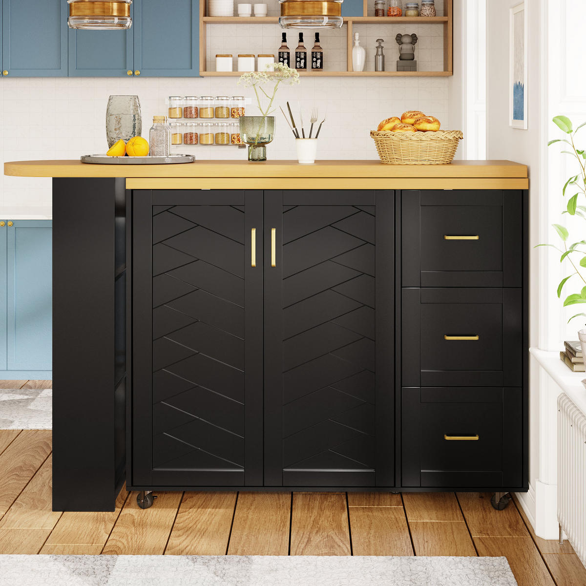 BARWAGEN Ausziehbar 2 Türen 3 Schubladen Holzoptik - Schwarz, Metall (39/135/104cm) - FLIEKS