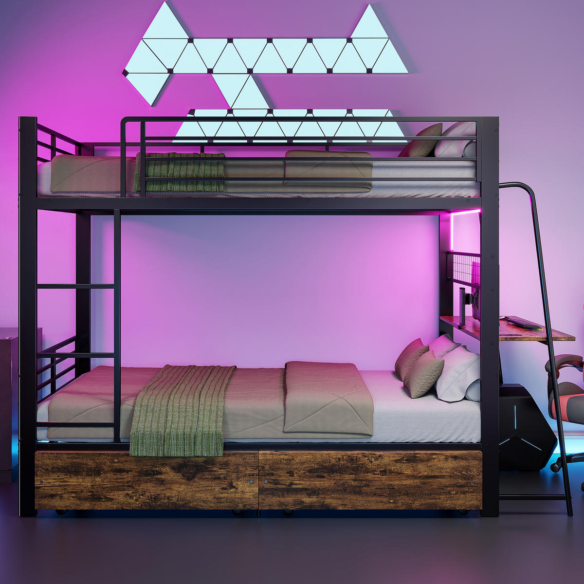 ETAGENBETT 90/200 cm DE-33081 mit Schreibtisch und LED Schwarz - Schwarz, Metall (90/200cm) - ComfortXL