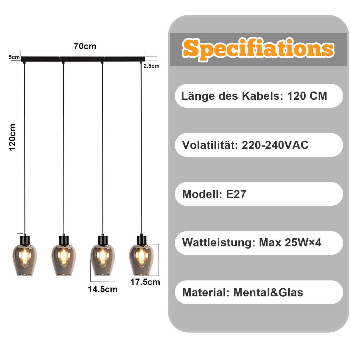 PENDELLEUCHTE BIRTHA Ⅲ 70/5/120 cm - Schwarz, Metall (70/5/120cm) - Nettlife