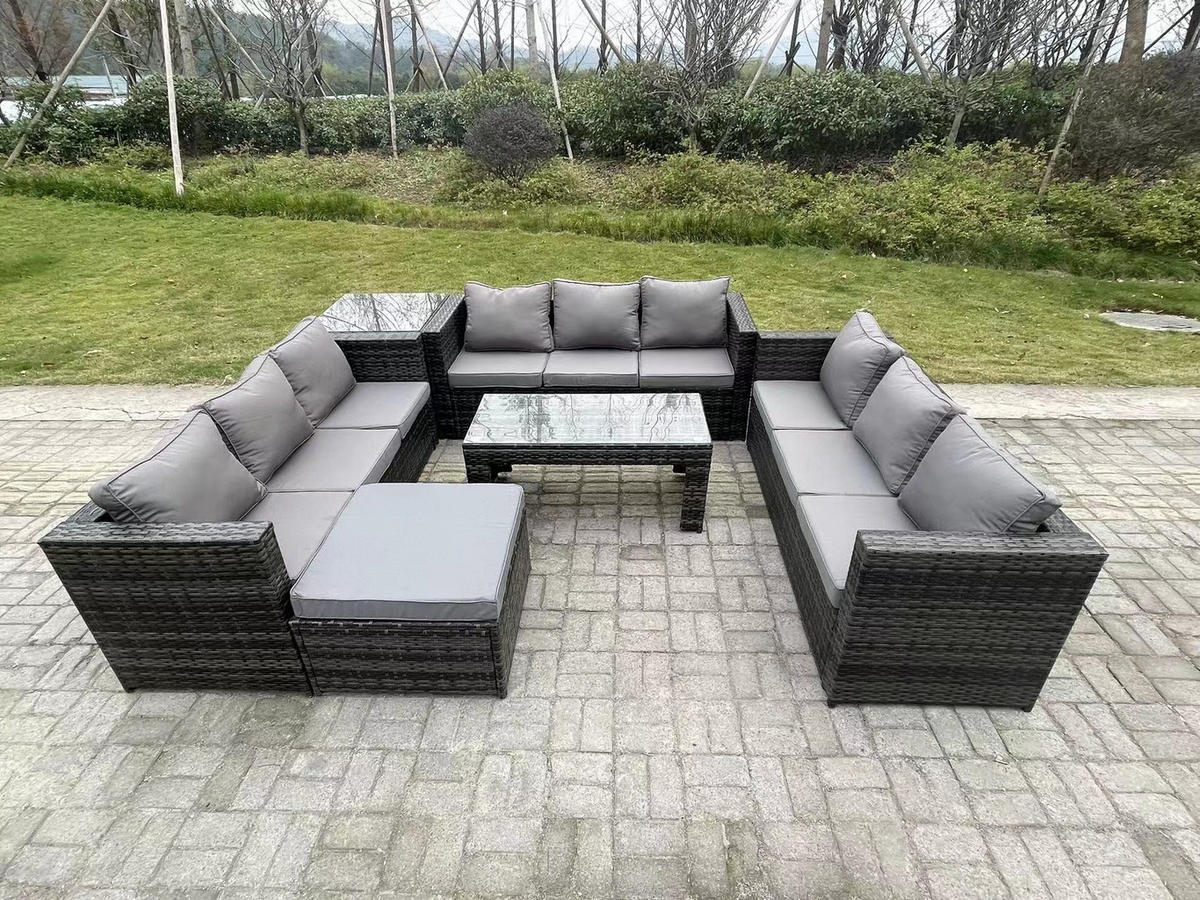 GARTENTISCHGRUPPE Polyrattan 10-Sitzer - Dunkelgrau/Grau, Glas/Kunststoff - Fimous