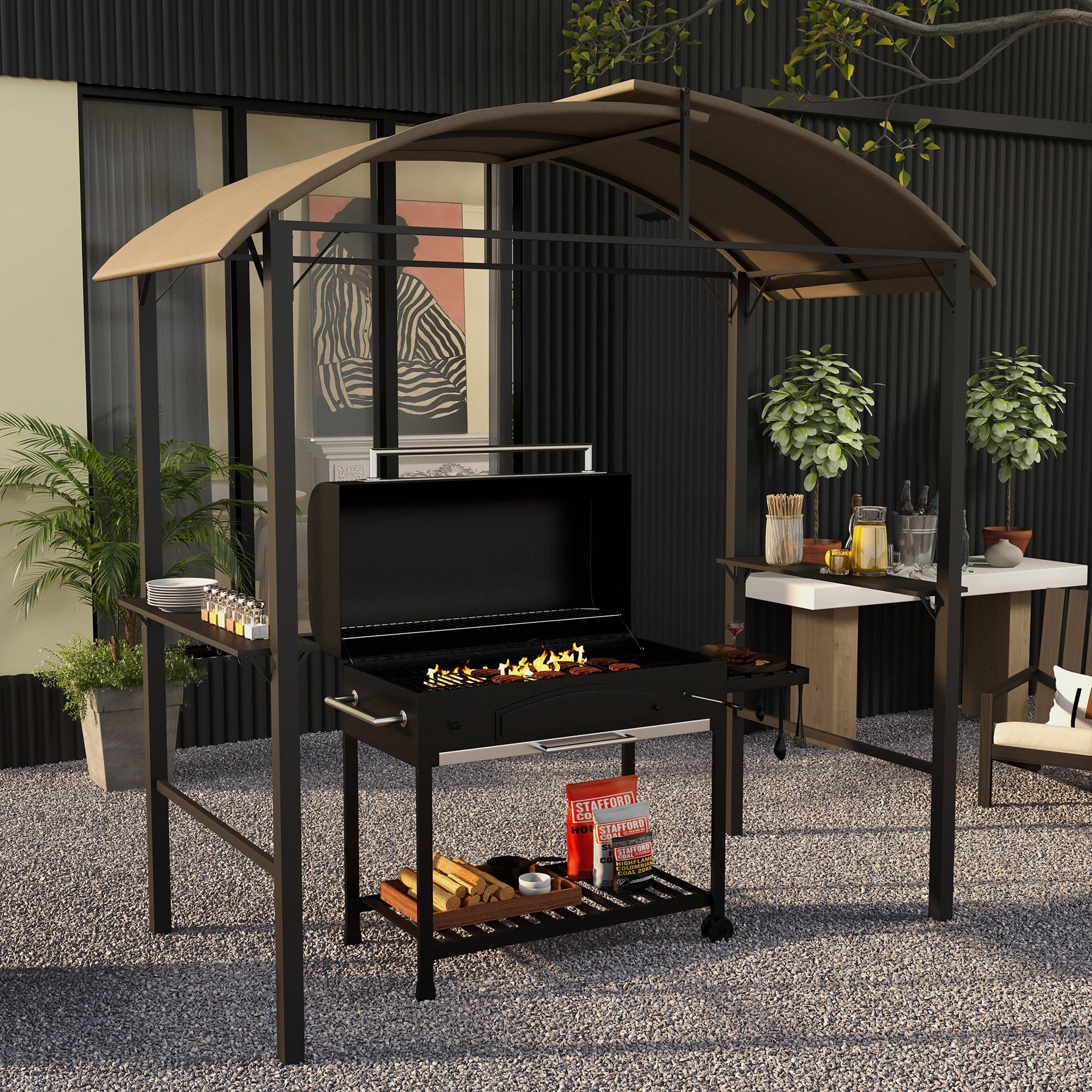 Thumbnail - Outsunny Bbq, Braun, Metall, 110x235x233 cm, Sonnen- & Sichtschutz, Pavillons & Pergolas