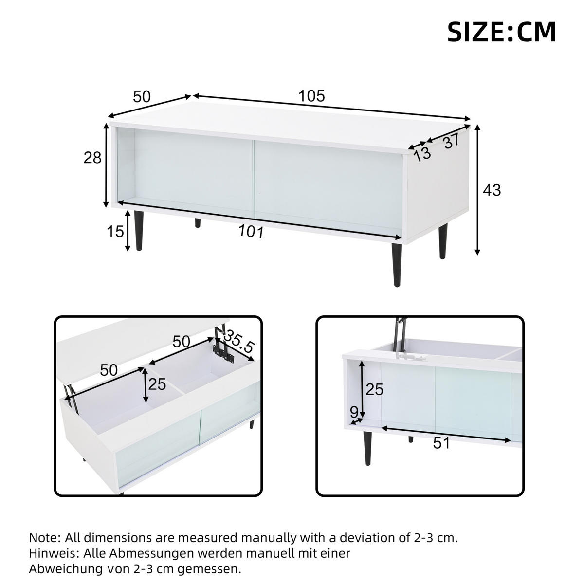 COUCHTISCH aus Spanplatte 105x50x43 cm in Weiß mit LED-Beleuchtung - Weiß, Holzwerkstoff (105/50/43cm) - Modfu