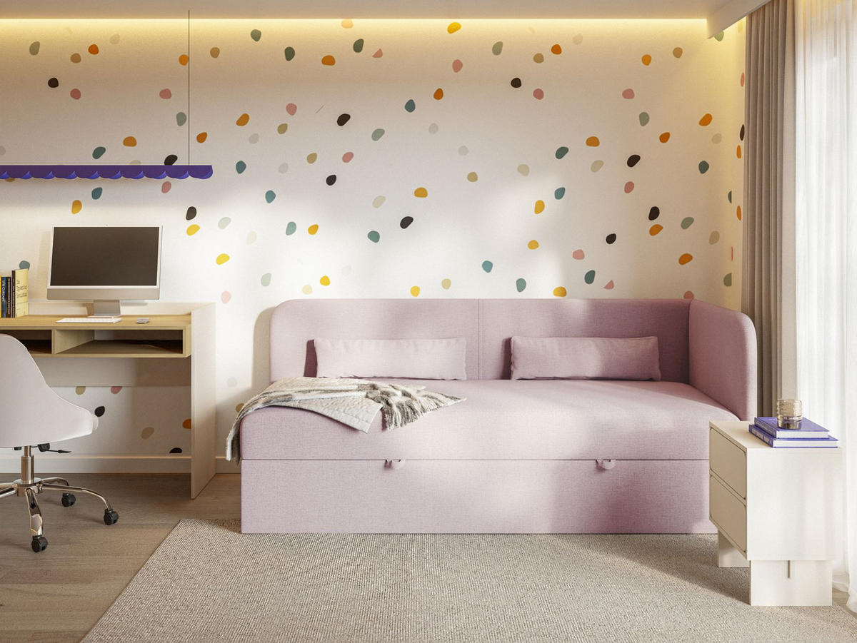 JUGENDBETT Calmmo Rosa mit Chenille-Bezug, Kopfteil rechts - Pink, Textil (90/200cm) - Selsey