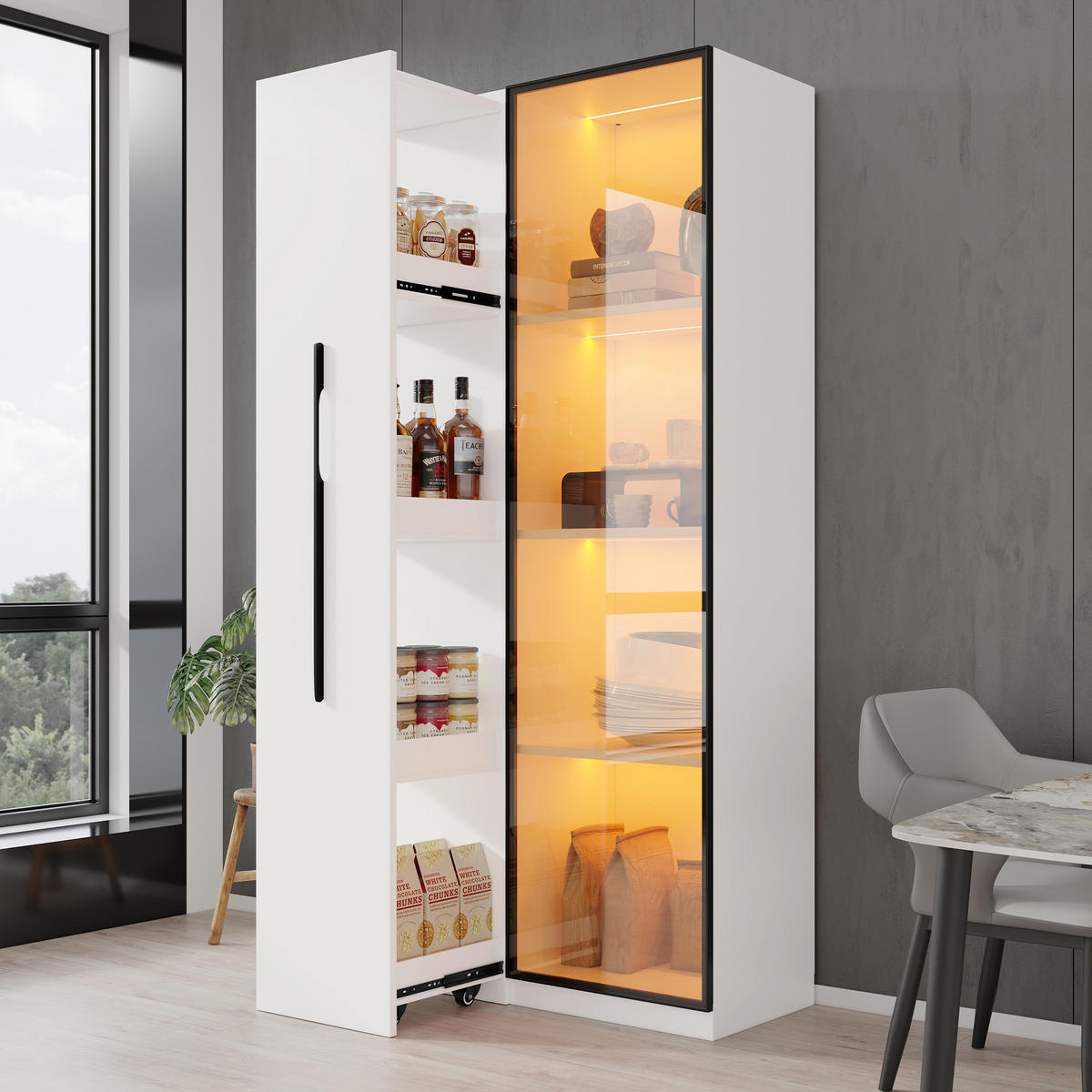 VITRINE Weiß mit ausziehbarem Roll-Regal & warmgelber LED-Beleuchtung 70×40×160 cm aus MDF - Weiß, Holzwerkstoff (70/160/40cm) - Luhomfu