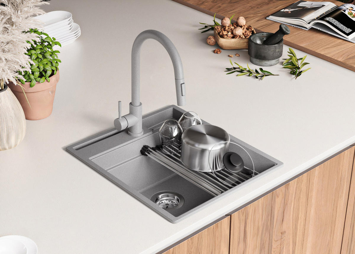 SPÜLBECKEN Oslo Pocket, 2-er set Grau 48/53 cm 1 Becken + Ablauf-Set + Küchenzubehörset ab 50er Unterschrank - Chromfarben/Beige, Kunststoff (48/20/53cm) - Primagran