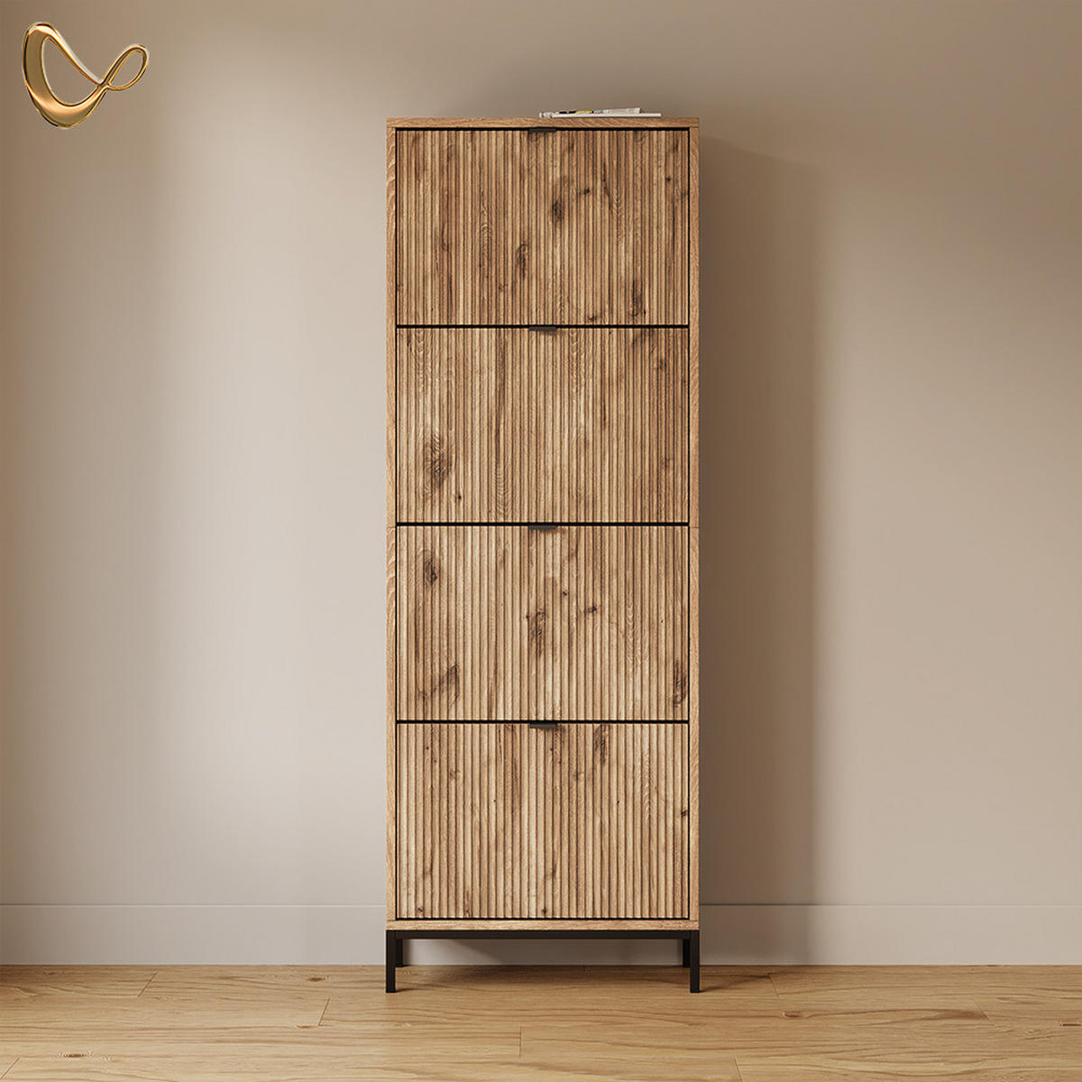 SCHUHKIPPER Aterno Viking Oak 60 x 168 cm mit 4 Klappschubladen - Eichefarben, Holzwerkstoff (60/168/24cm) - Livinity®