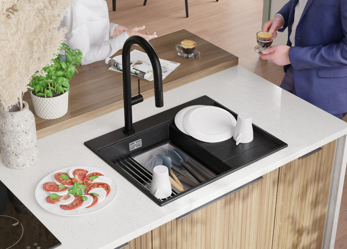 SPÜLBECKEN Sydney, 2-er set Anthrazit 62/50 cm 1 Becken + Ablauf-Set + Küchenzubehörset ab 40er Unterschrank - Chromfarben/Anthrazit, Kunststoff (62/20/50cm) - Primagran