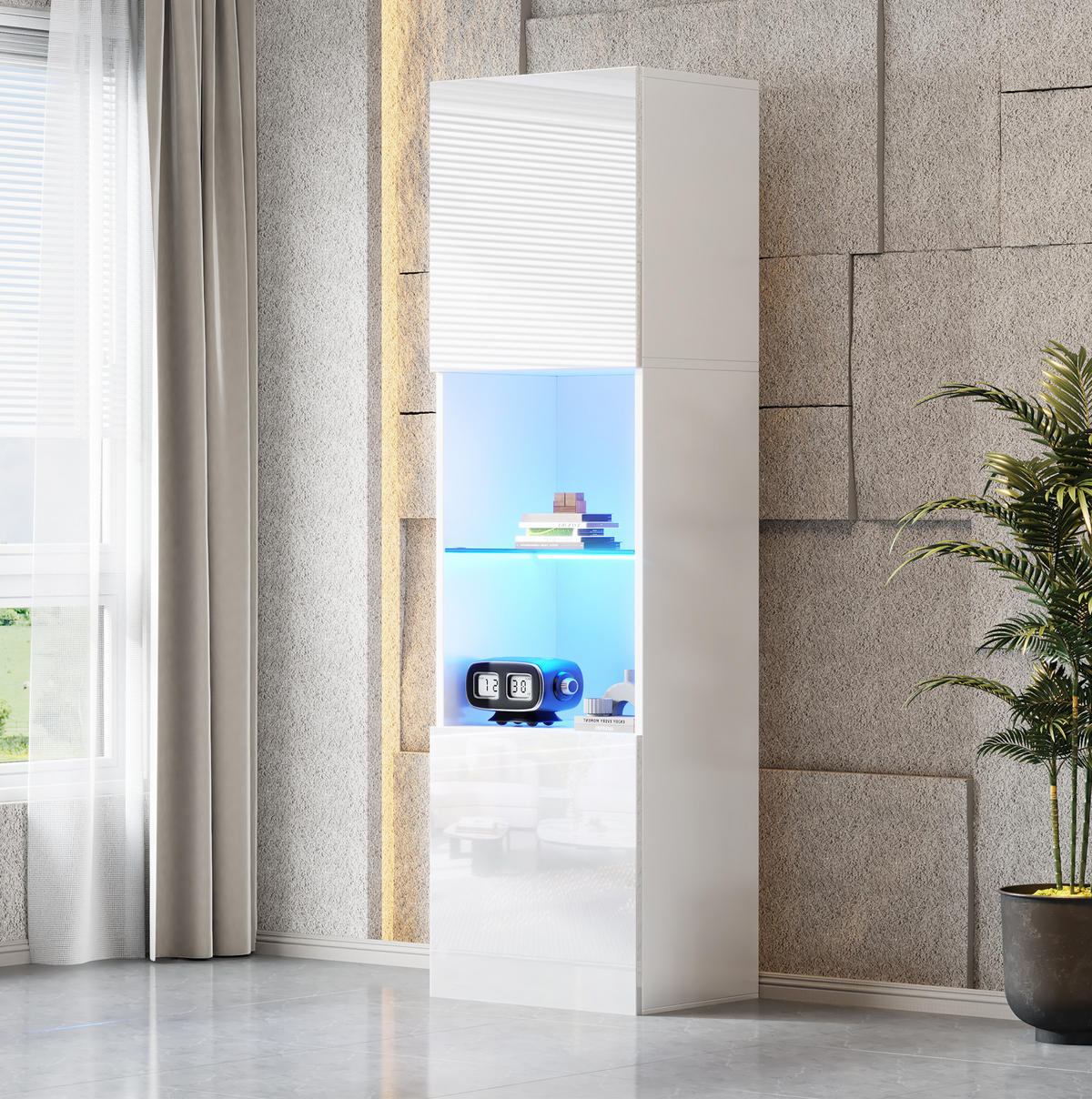 VITRINA 45/35/160 cm bijela od iverice s LED rasvjetom i kaljenim staklom - bijela, drvni materijal (45/160/35cm) - OKWISH