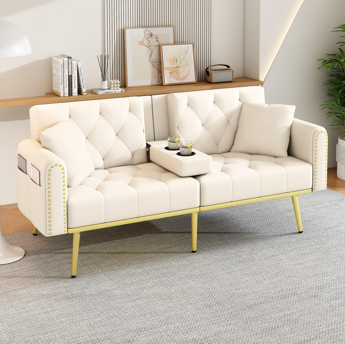 SCHLAFSOFA mit Liegefunktion 175 x 80 x 73,5 cm Samt Beige - Beige, Kunststoff (175/73.5/80cm) - Meubliv