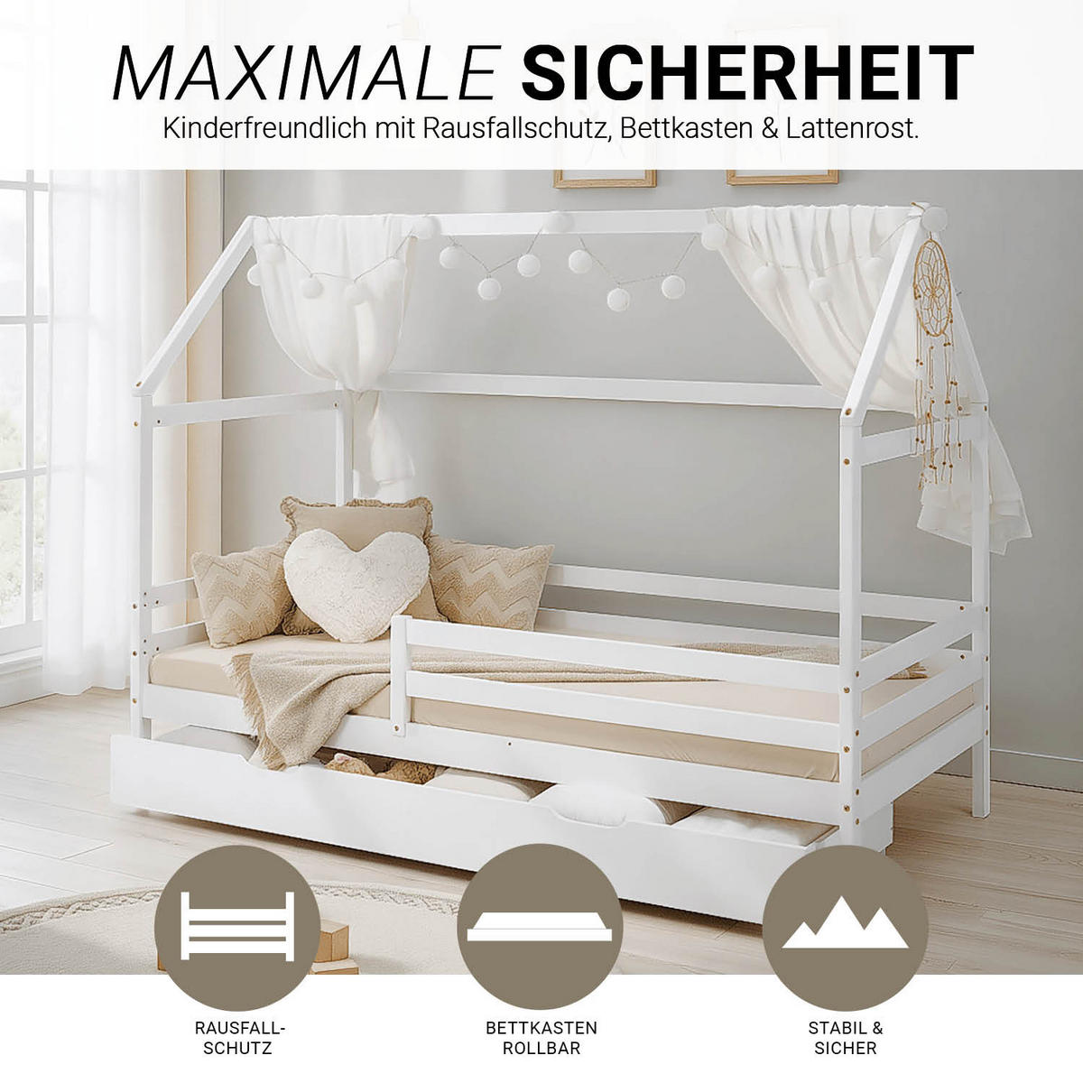 HAUSBETT 90/200 mit Rausfallschutz Weiß - Weiß, Holz (207/158/96cm) - Homestyle4u