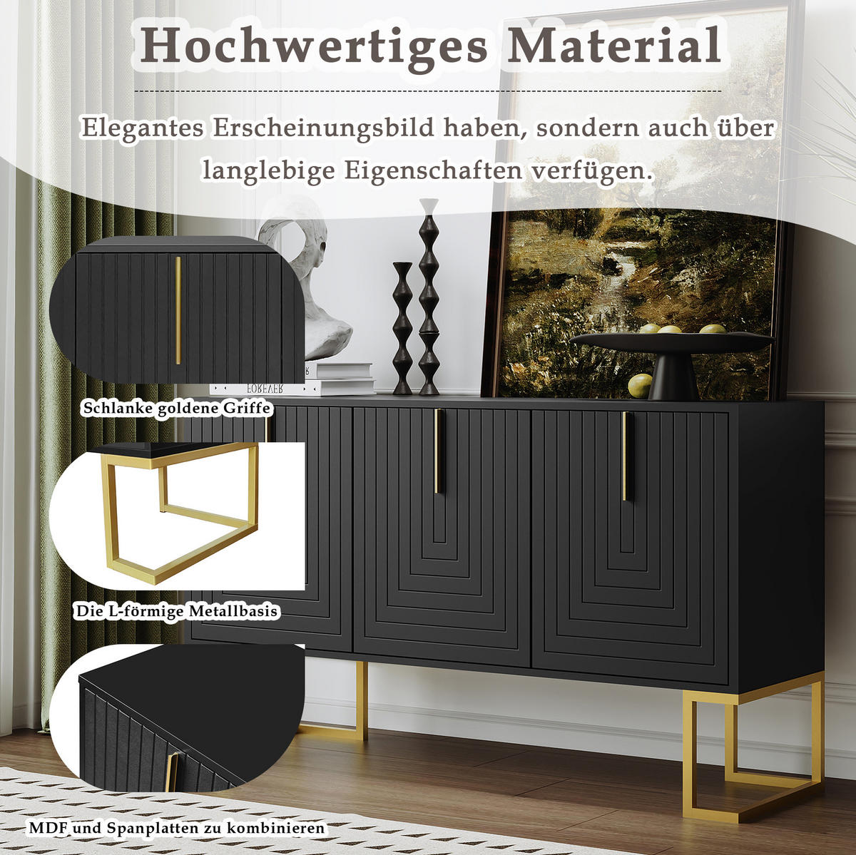 SIDEBOARD Schwarz mit 3 Türen und verstellbaren Regalböden,138/80.5/40 cm - Schwarz, Holzwerkstoff (138/80.5/40cm) - Flora Grace