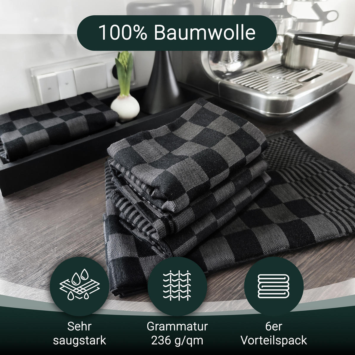 GESCHIRRTÜCHER, 6er-Set, 65x65 cm, 100% Baumwolle, Schwarz - Schwarz, Textil (65/65cm) - Zollner