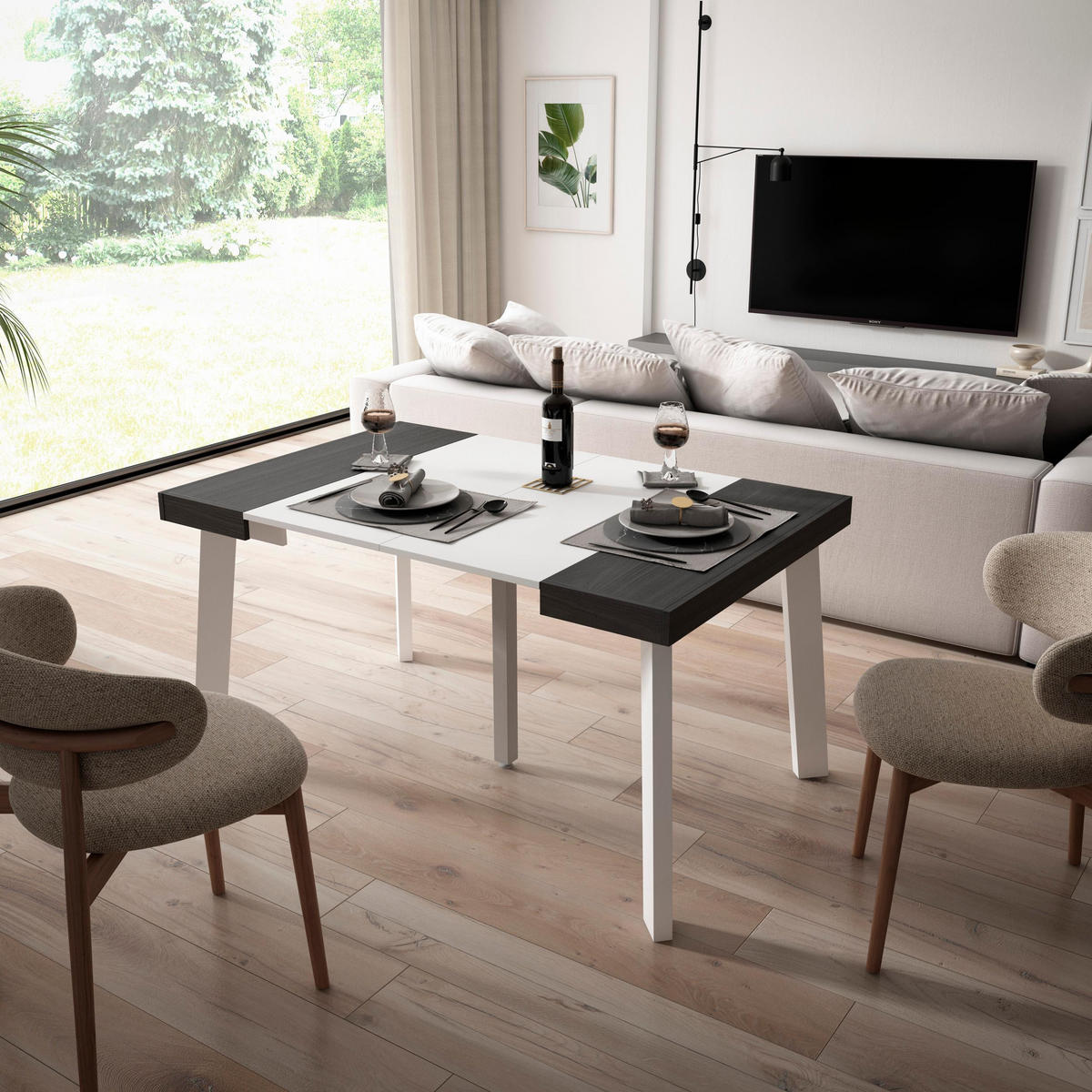 KONSOLENTISCH ausziehbar 58 bis 140cm, für 6 Gäste, weiß schwarz, 90/58/73cm - Schwarz/Weiß, Holzwerkstoff (90/140/73cm) - Skraut Home