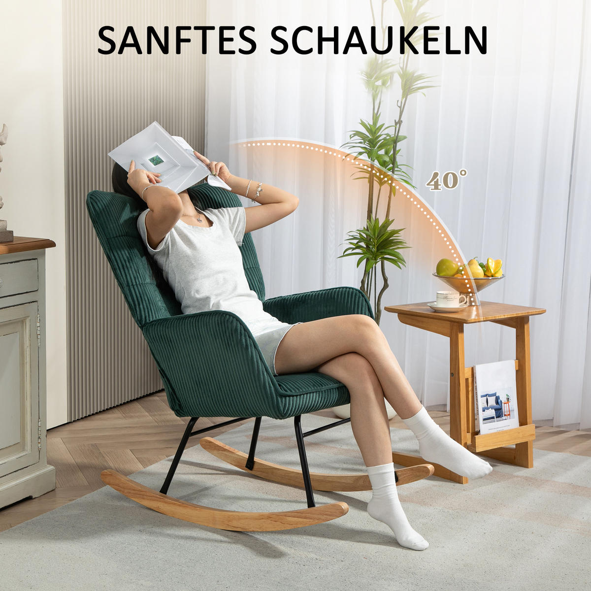 SCHAUKELSTUHL, Schaukelsessel mit Samtoptik, Armlehne für Wohnzimmer, Dunkelgrün - Dunkelgrün, Kunststoff (98/101/71cm) - HOMCOM