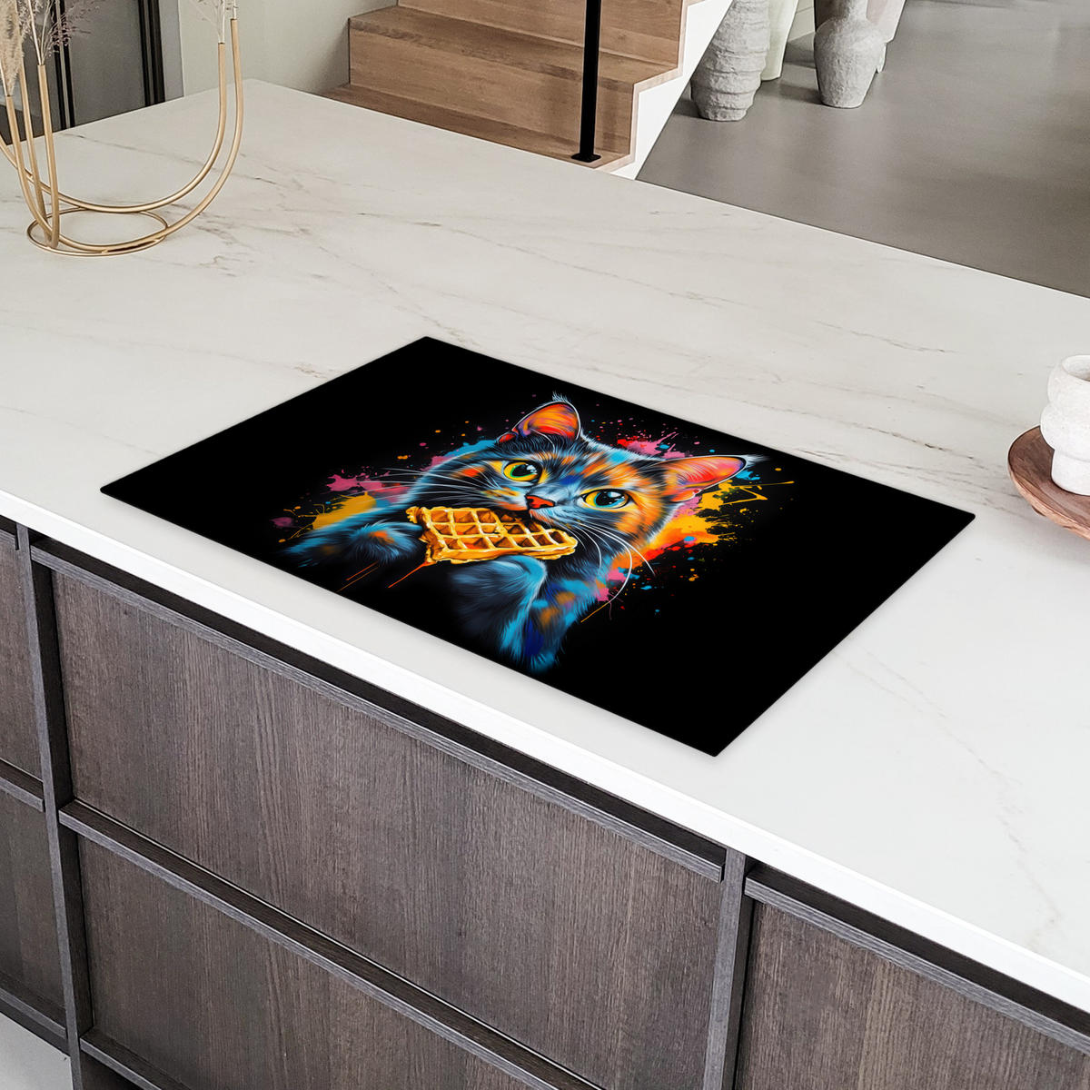 HERDABDECKPLATTE Katze - Graffiti - Bunt - Waffel - Essen Ceranfeldabdeckung 85x52 cm - Multicolor, Kunststoff (85/52/0.2cm) - MuchoWow