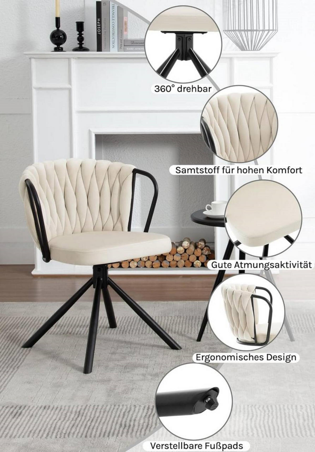 ARMLEHNSTUHL 2er Set Drehstuhl, Samtsitz, Creme - Creme/Schwarz, Textil/Metall (65/74.5/62.5cm) - Woltu