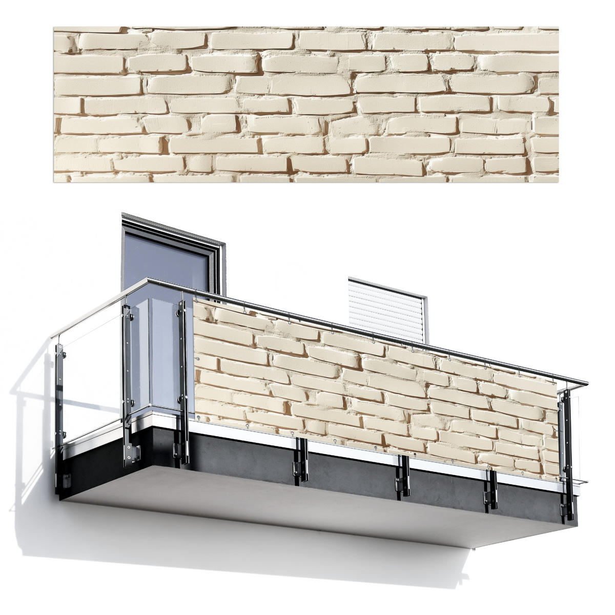 BALKON-SICHTSCHUTZ Ziegel - Wand - Licht - Weiß - Creme, Kunststoff (300/95cm) - MuchoWow