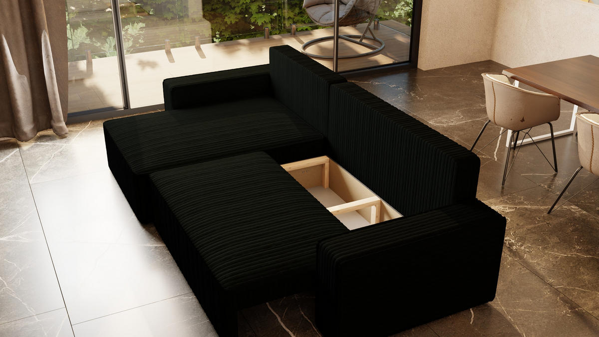 ECKSOFA Tobi mit Bettkasten und Schlaffunktion, L-Form/XL-Form, Cordstoff, Universal - Schwarz, Holzwerkstoff (276/145cm) - 4ALL HOME