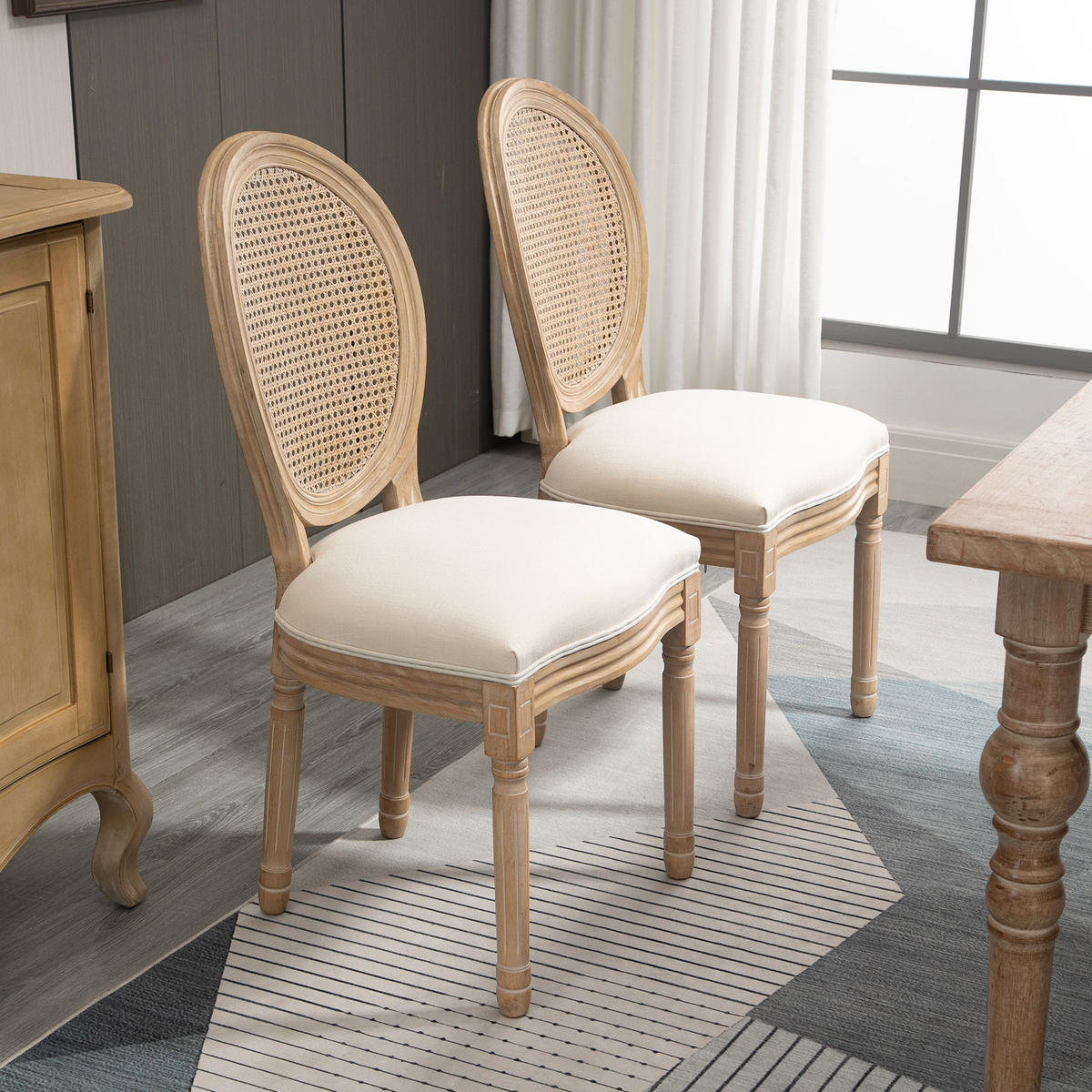 2ER Set Esszimmerstühle Küchenstuhl mit Rattan-Rückenlehne Linen-Touch - Creme/Naturfarben, Holz/Textil (56/96/49cm) - HOMCOM