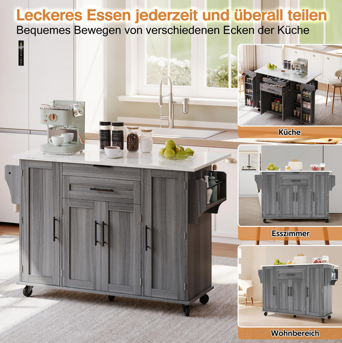 KÜCHENINSEL mit ausziehbarer Arbeitsplatte 136 x 70 x 92 cm Grau - Grau, Holz (70/92/136cm) - Beauniv