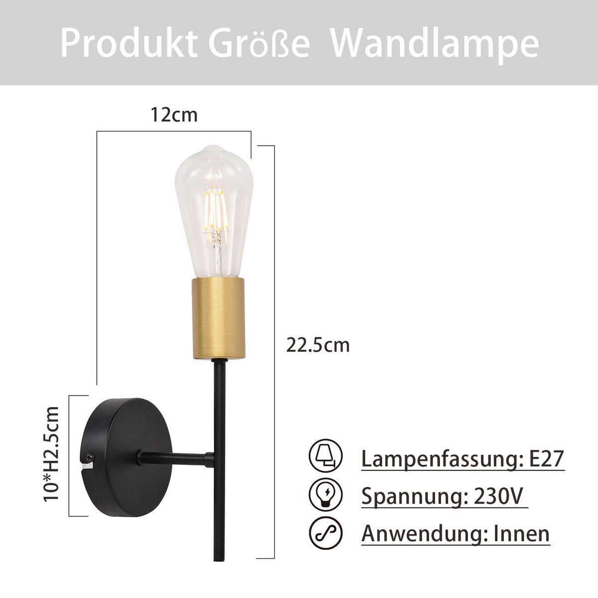 WANDLEUCHTE Qyxxh 10.0/12.0/22.5 cm - Schwarz, Metall (10/12/22.5cm) - ZMH