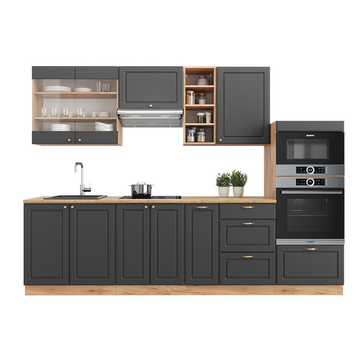 KÜCHENZEILE Fame-Line Anthrazit Landhaus/Goldkraft Eiche 280 cm ohne AP - Honigeiche/Anthrazit, Holzwerkstoff (280/81.6/46cm) - Vicco