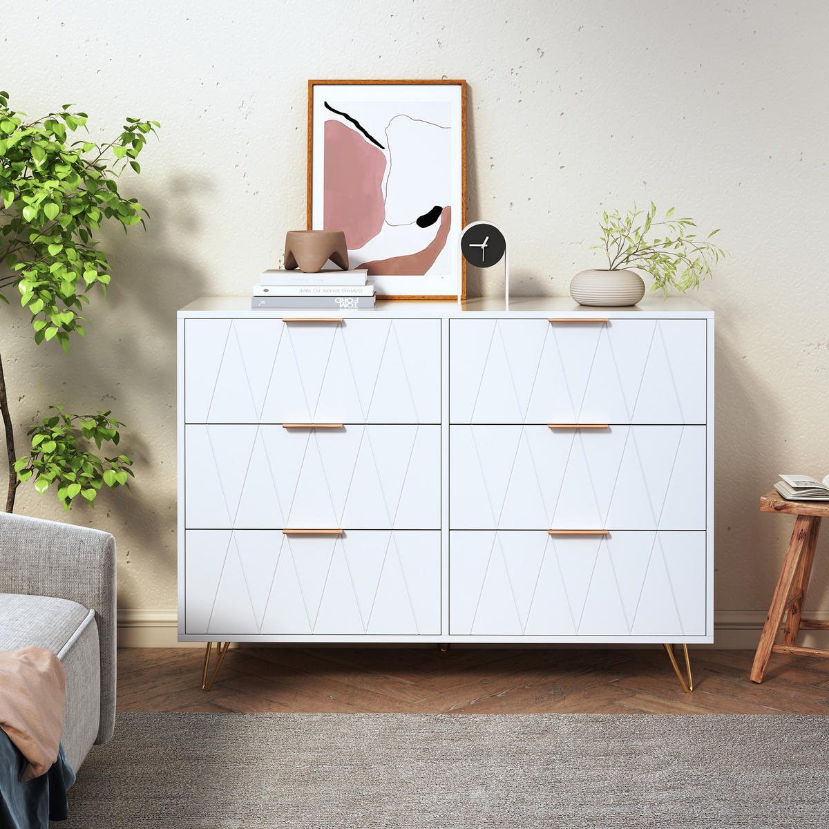 KOMMODE Weiß 6 Schubladen,Sideboard für Wohnzimmer und Schlafzimmer - Weiß, Holz/Metall (34/73/100cm) - PARAFTA HOME