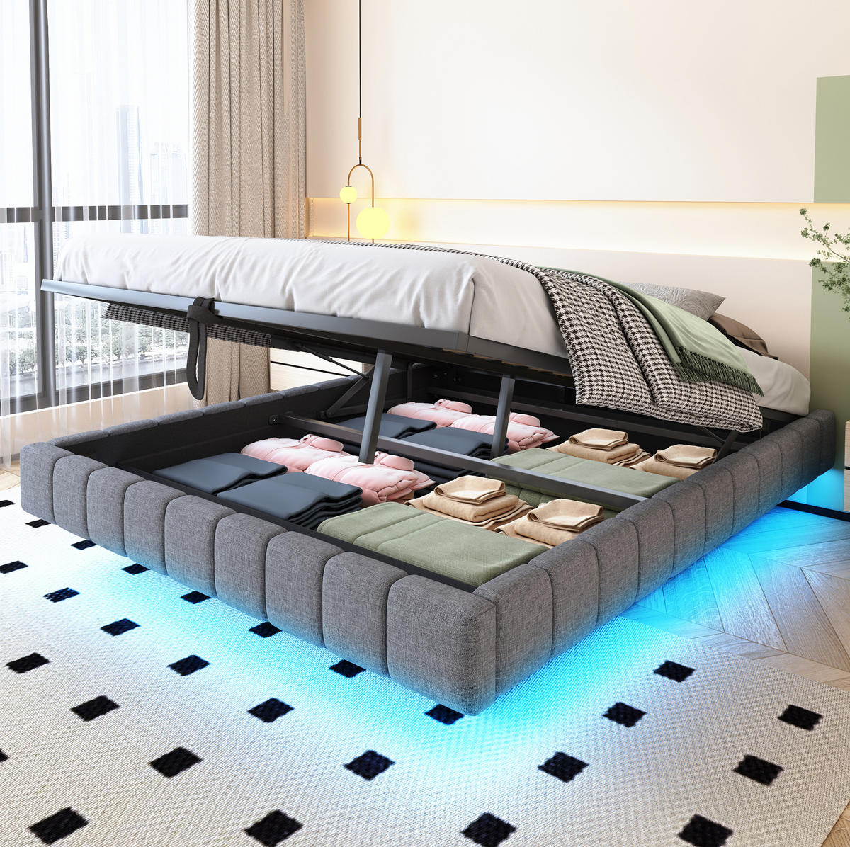 POLSTERBETT 160/200 cm Grau Hydraulischer Schwebebettrahmen mit LED-Beleuchtung - Grau, Textil (160/200cm) - OKWISH