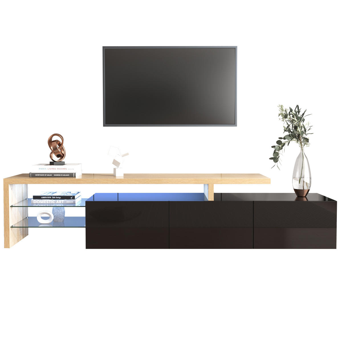 TV ormarić 197,5/39/42 cm crni i prirodne boje drva od MDF-a i stakla s LED rasvjetom - prirodne boje, drvni materijal (197.5/42/39cm) - OKWISH