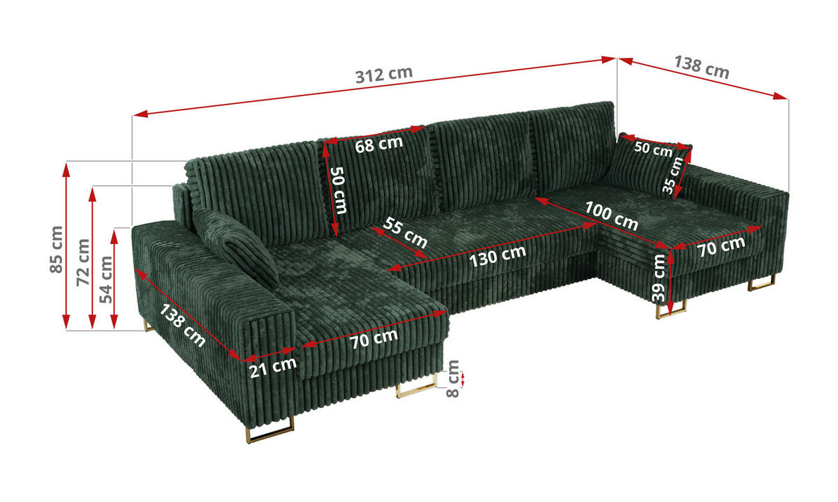 WOHNLANDSCHAFT DORIAN U Cord Grün - Goldfarben/Grün, Textil/Metall (312/85/138cm) - MKS