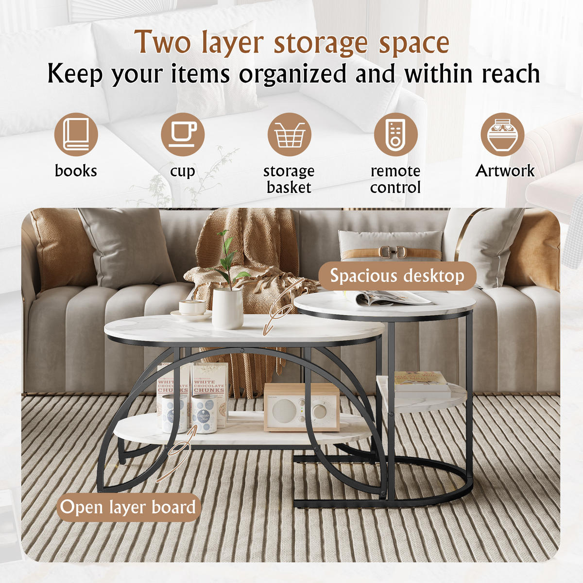 COUCHTISCH 2er Set rund Marmoroptik Metall schwarz weiß - Weiß, Holz (46/80/45cm) - LEBENLANG