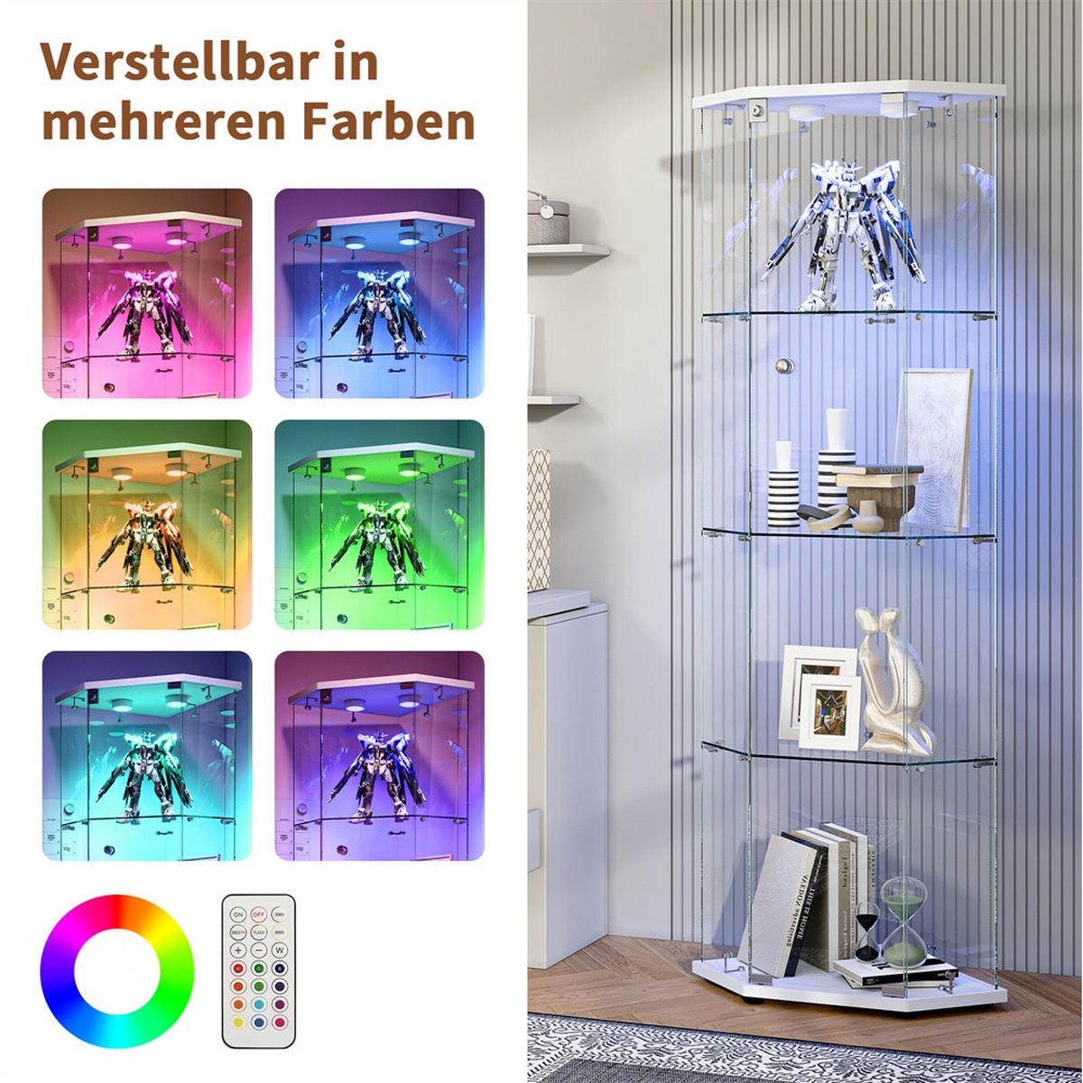 VITRINE mit LED Beleuchtung - Eckvitrine mit 4 Ebenen und 1 Tür - Glaskvitrine mit Schloss - Weiß - Weiß, Glas (60/162/42.5cm) - DELFA