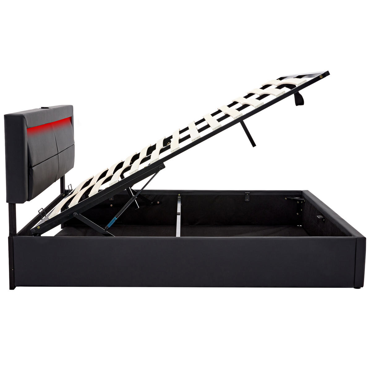 POLSTERBETT 140/200 cm mit USB-Ladefunktion, LED-Beleuchtung und Bettkasten, PU in Litschi-Optik, Schwarz - Schwarz, Kunststoff (140/200cm) - Redom