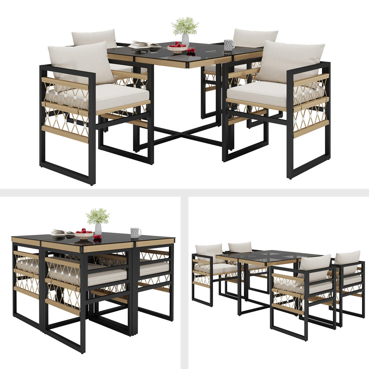 GARTENSETS aus Eisen 110x110x74cm Beige+Schwarz mit Sicherheitsglas-Tisch - Schwarz, Metall - Modfu