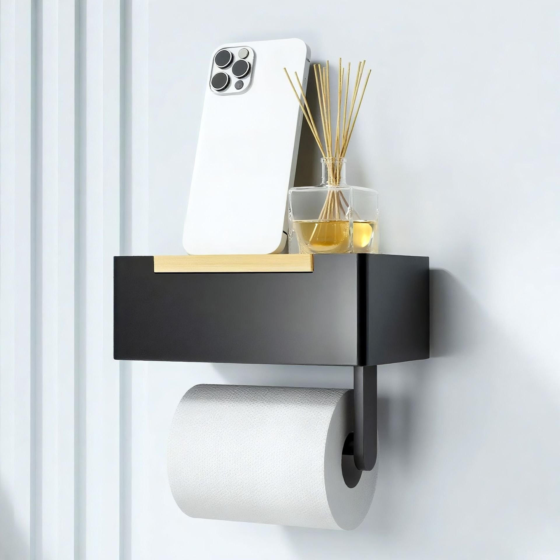 TOILETTENPAPIERHALTER mit Box 6,5x20x12cm Schwarz/Bambus - Schwarz, Metall (20/6.2/12cm) - BERLINLODGE