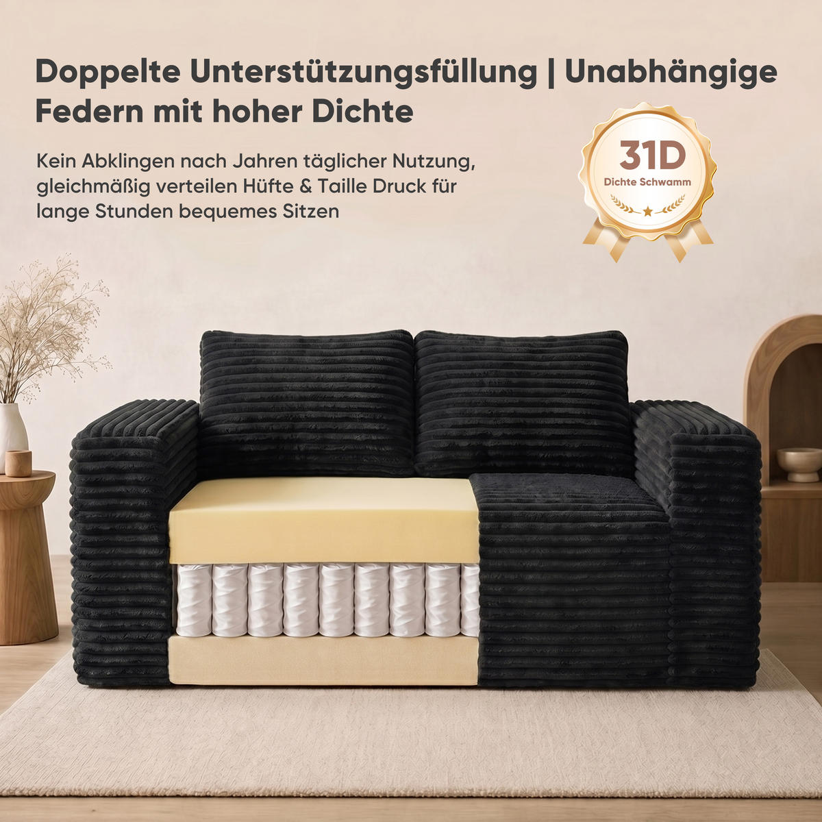 2-SITZER SOFA Cord Schwarz - Schwarz, Textil (160/58/88cm) - WISHDOR