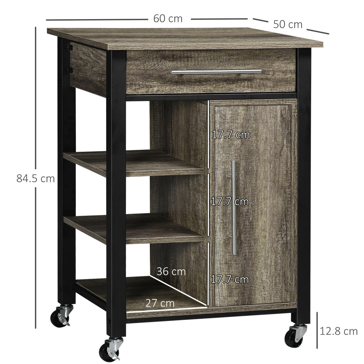 KÜCHENWAGEN, Wagen mit Schublade und Schrank, 60 x 50 x 84,5 cm, Eiche - Multicolor, Metall (60/84.5/50cm) - FORIOUS