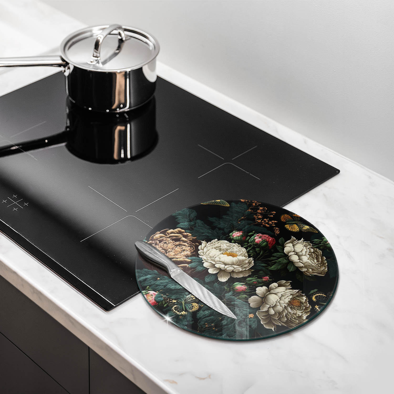 GLASPLATTE Ø 30 cm Vintage Pfingstrosen Blumen - Schwarz, Glas (30/30cm) - Wallfluent