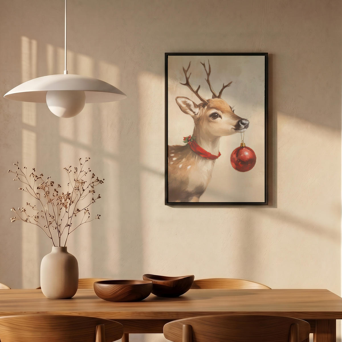 LEINWAND Bilder mit Rahmen - Weihnachten - Hirsch - Geweih - Weihnachtskugel - Rentier - 40x60 - Hellbraun, Textil (40/60cm) - MuchoWow