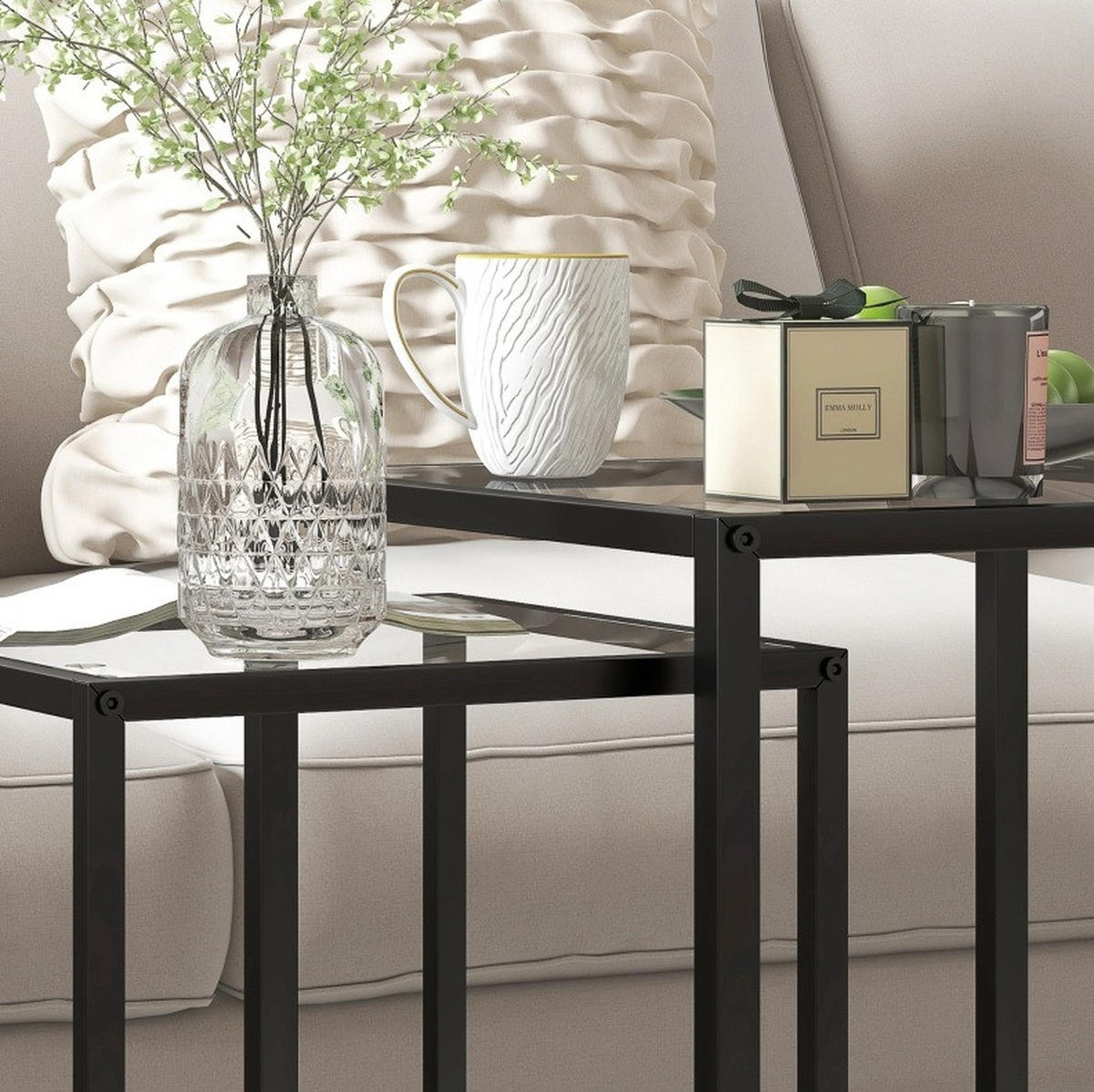 BEISTELLTISCH-SET 42/42/51 cm & 33/33/45,5 cm stapelbar mit gehärtetem Glas und Stahlgestell, Schwarz - Schwarz, Glas (42/42/51cm) - Redom