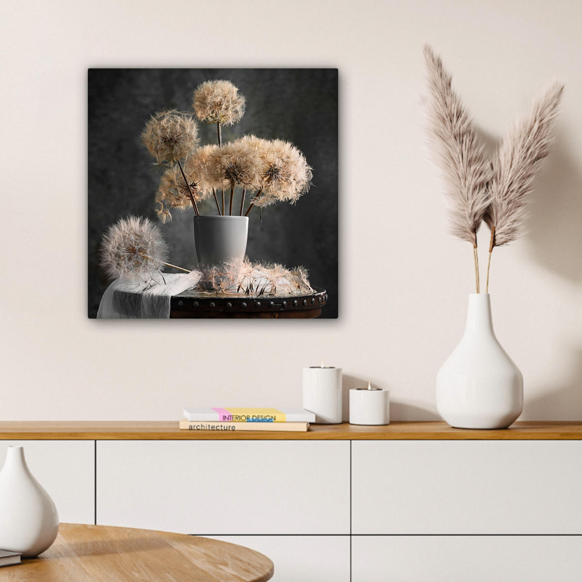 LEINWANDBILD Blumensamen - Löwenzahn - Vase - Stilleben - Blumenstrauß 50x50 cm - Dunkelgrau, Textil (50/50cm) - MuchoWow