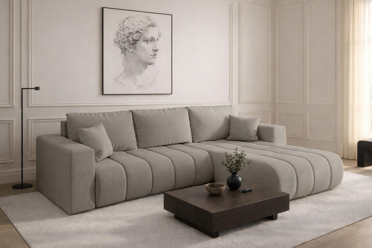 ECKSOFA mit schlaffunktion und bettkasten MILO PREMIUM, stoff WIND, Sandgrau, Rechts - Sandfarben, Holz (280/190cm) - Kaiser Möbel
